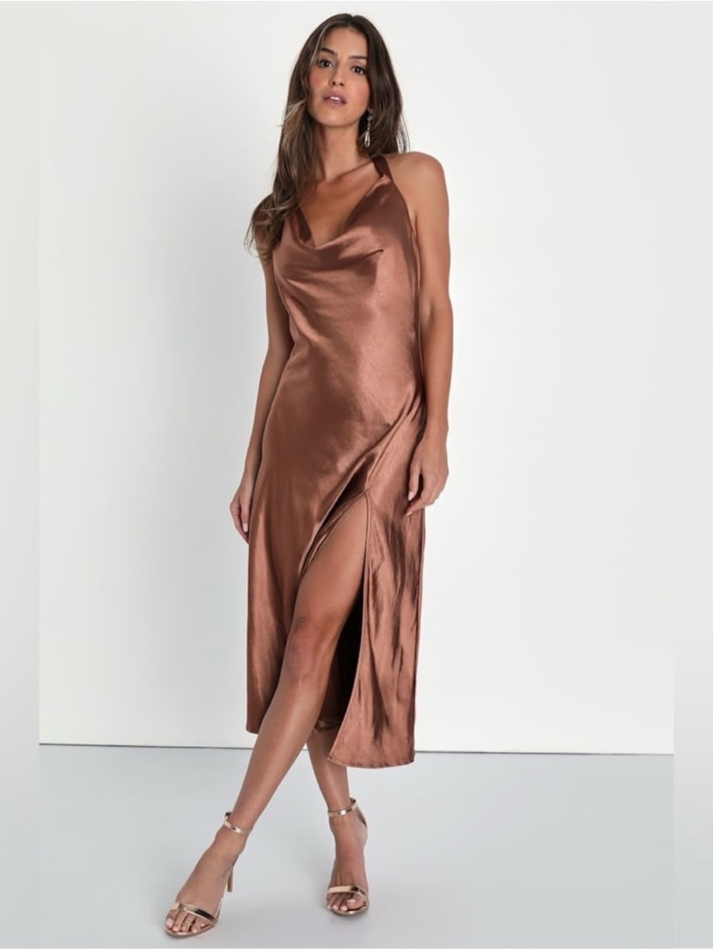 Lulu’s Sophisticated Impression Brown Satin Backless Cowl Midi Dress XL